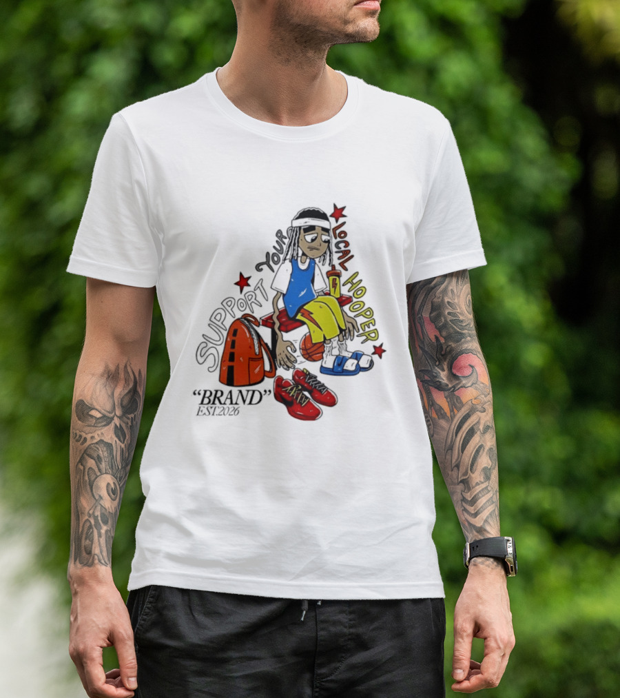 Support Your Local Hooper Cartoon Basketball Player Backpack Red Shoes Brand Est 2026 T-Shirt