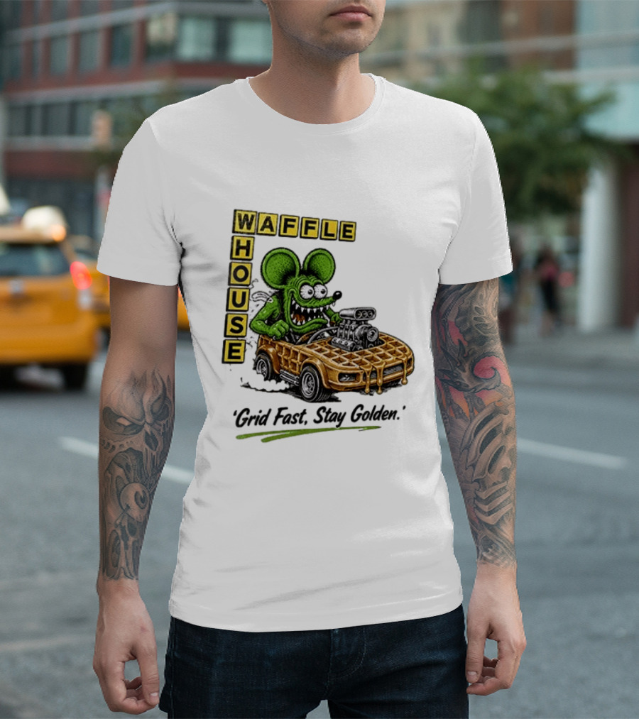 Rat Fink Waffle House Grid Fast Stay Golden Car Racer T-Shirt