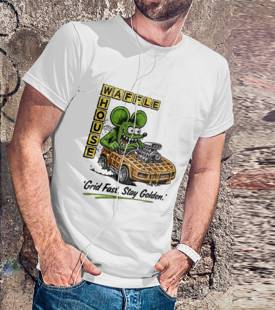Rat Fink Waffle House Grid Fast Stay Golden Car Racer T-Shirt