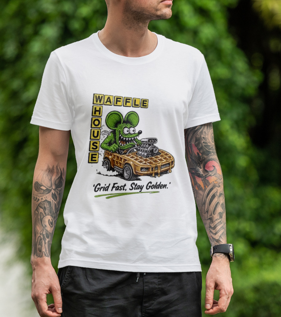 Rat Fink Waffle House Grid Fast Stay Golden Car Racer T-Shirt