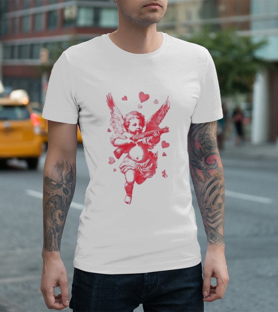 Red Pink Cherub Cupid Shotgun Hearts Clouds T-Shirt
