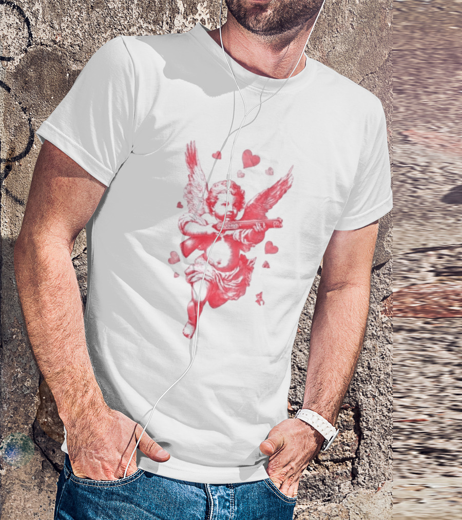 Red Pink Cherub Cupid Shotgun Hearts Clouds T-Shirt