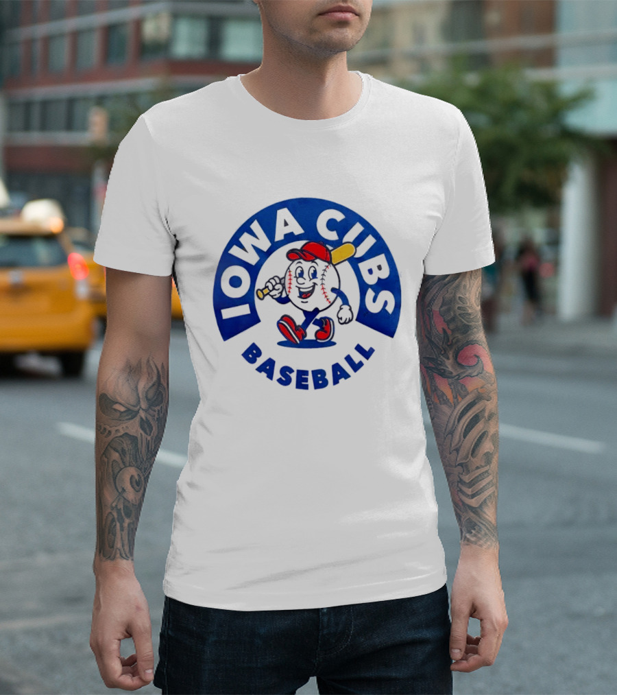 Iowa Cubs MLB Baseball Cartoon Walking Ball Bat Red Cap T-Shirt