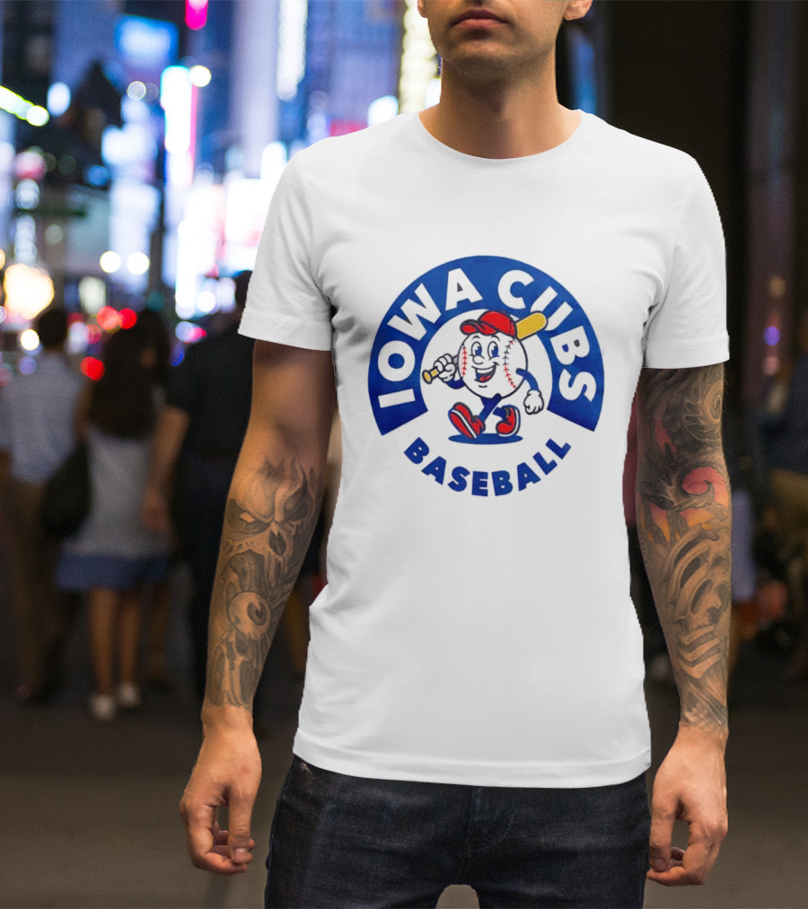 Iowa Cubs MLB Baseball Cartoon Walking Ball Bat Red Cap T-Shirt