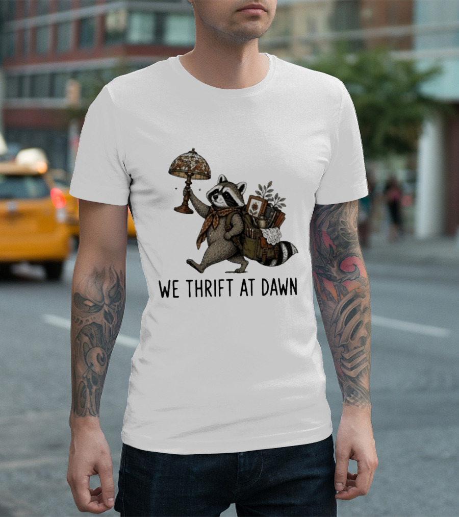 Raccoon With Backpack And Lamp We Thrift At Dawn T-Shirt