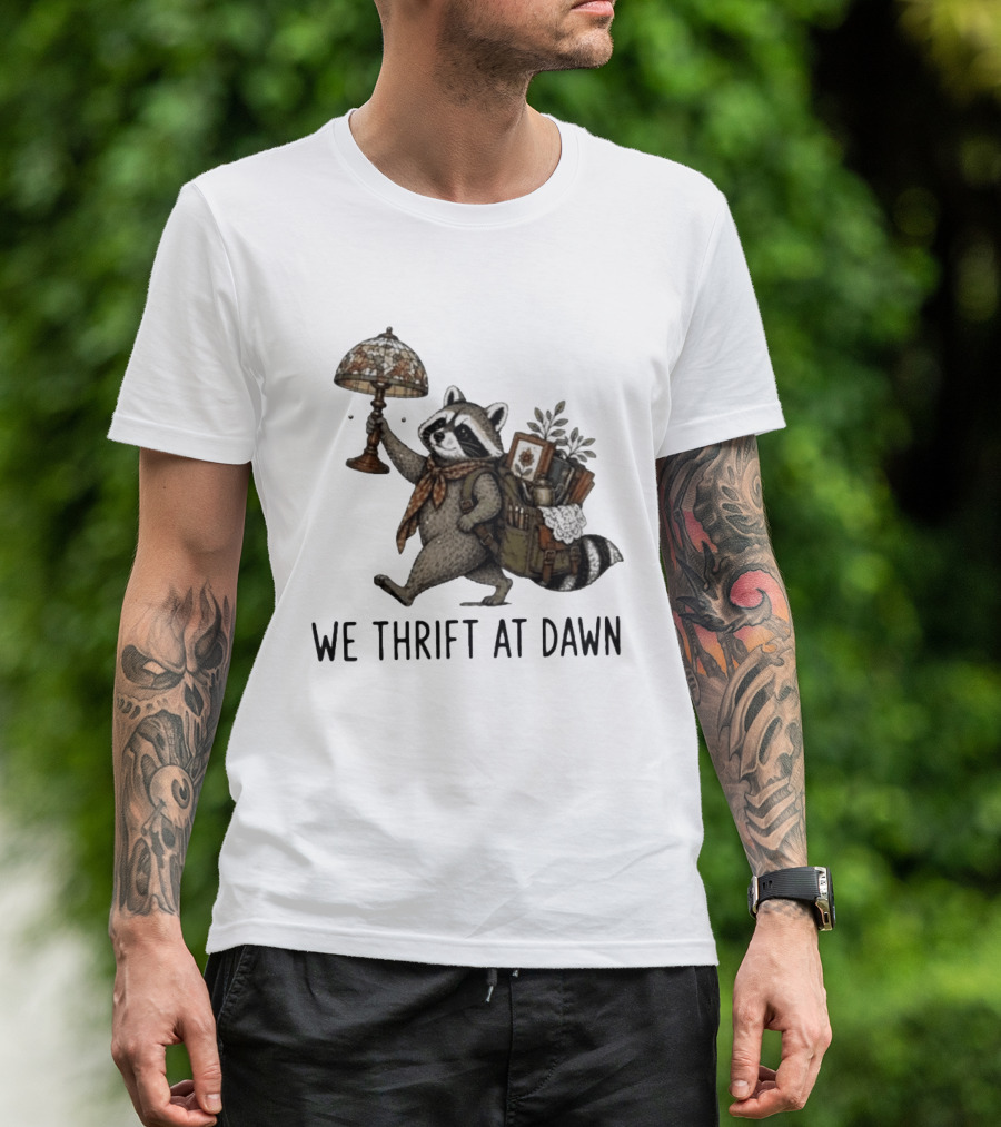 Raccoon With Backpack And Lamp We Thrift At Dawn T-Shirt