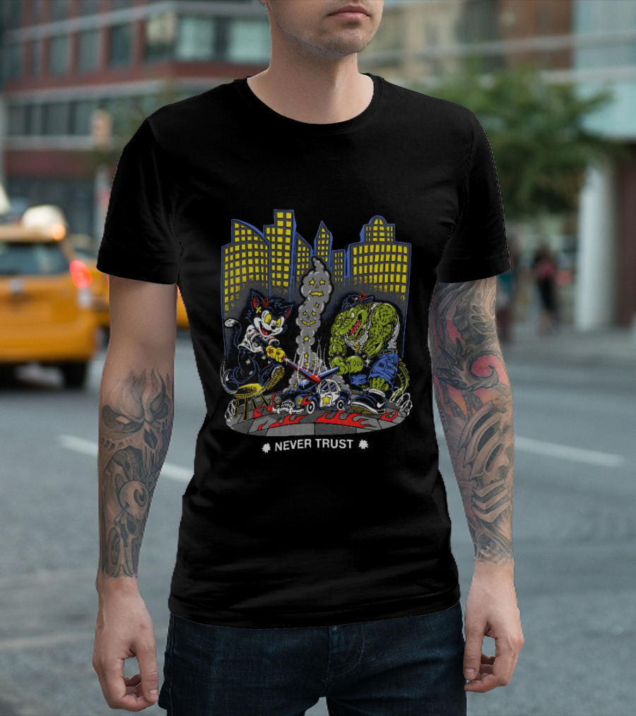 Cat And Crocodile In City Never Trust Police Car Cartoon Scene T-Shirt