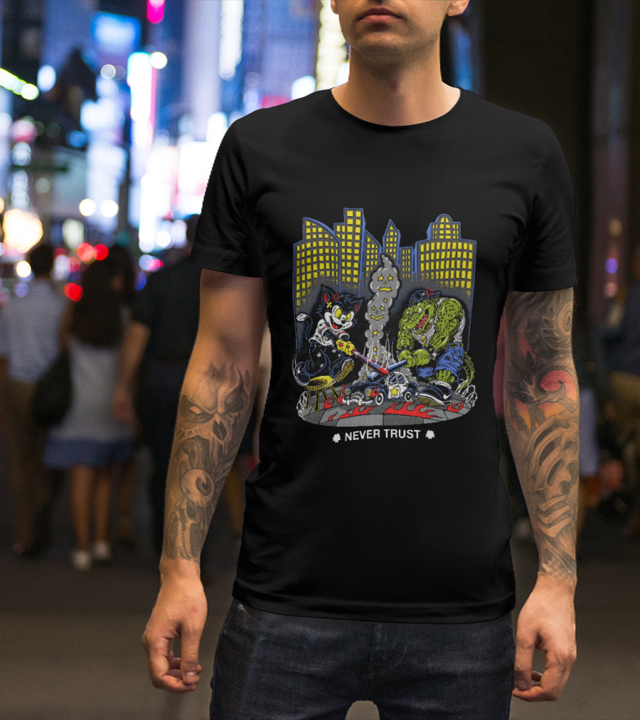 Cat And Crocodile In City Never Trust Police Car Cartoon Scene T-Shirt