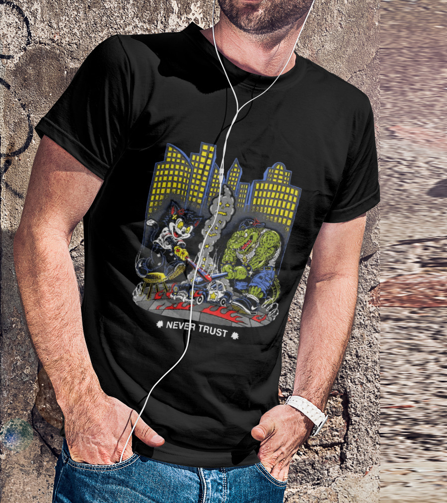 Cat And Crocodile In City Never Trust Police Car Cartoon Scene T-Shirt