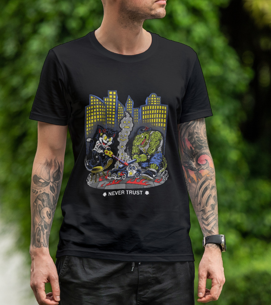 Cat And Crocodile In City Never Trust Police Car Cartoon Scene T-Shirt