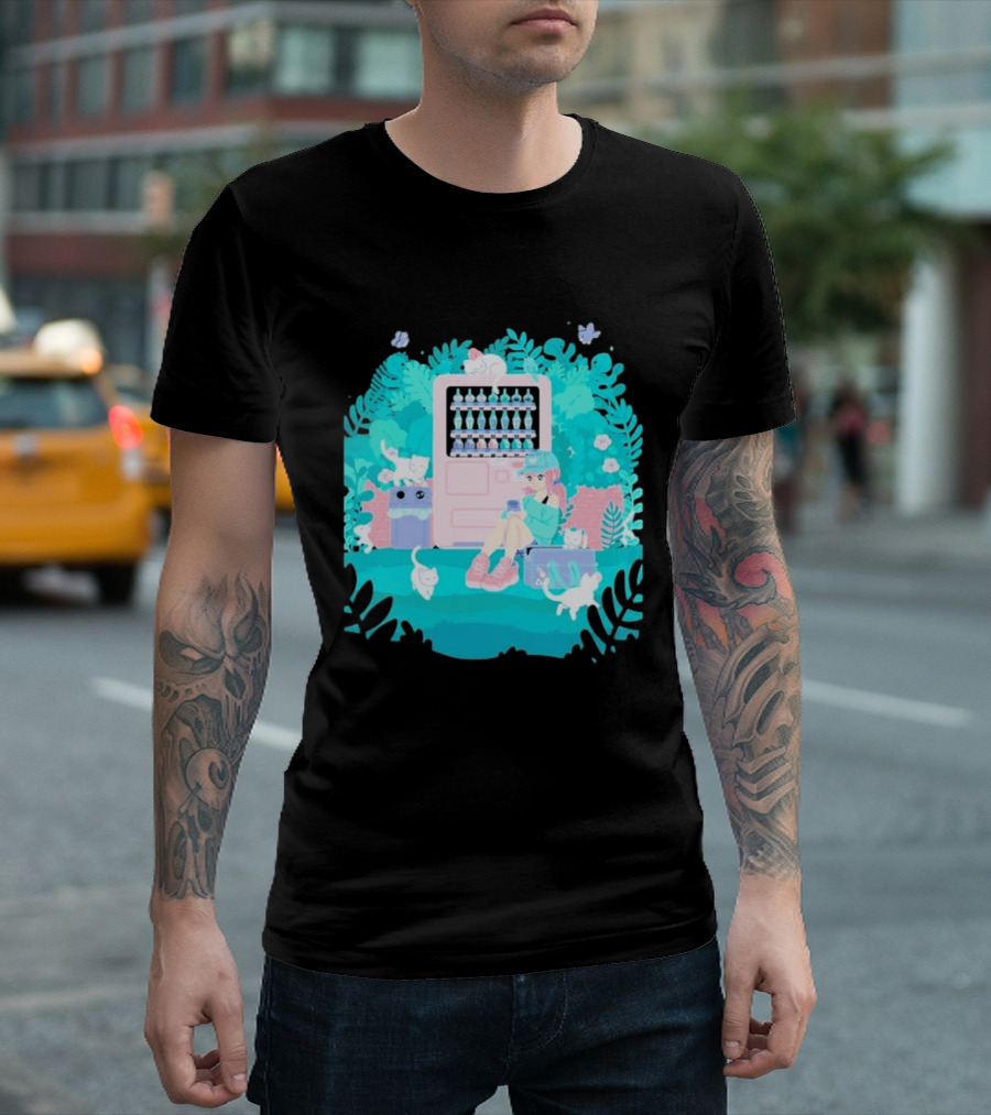 Cat Vending Machine Pastel Aesthetic With Sitting Girl And Cats T-Shirt