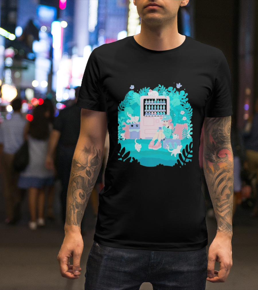 Cat Vending Machine Pastel Aesthetic With Sitting Girl And Cats T-Shirt