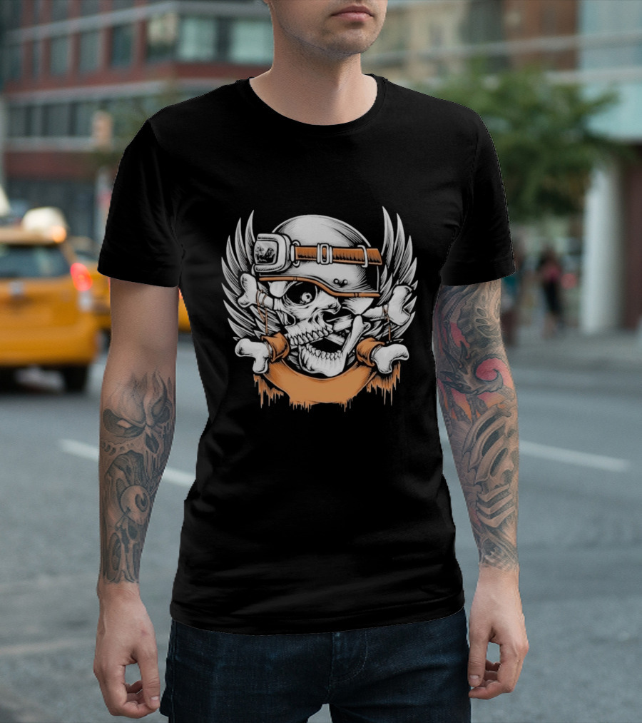 Skull With Helmet Winged Bones Biker Motif T-Shirt