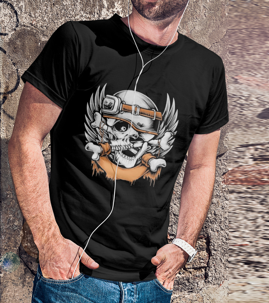 Skull With Helmet Winged Bones Biker Motif T-Shirt