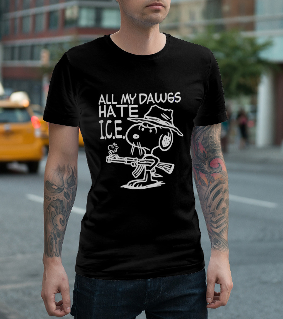 Snoopy Cowboy All My Dawgs Hate Ice Peanuts Character Funny Western T-Shirt