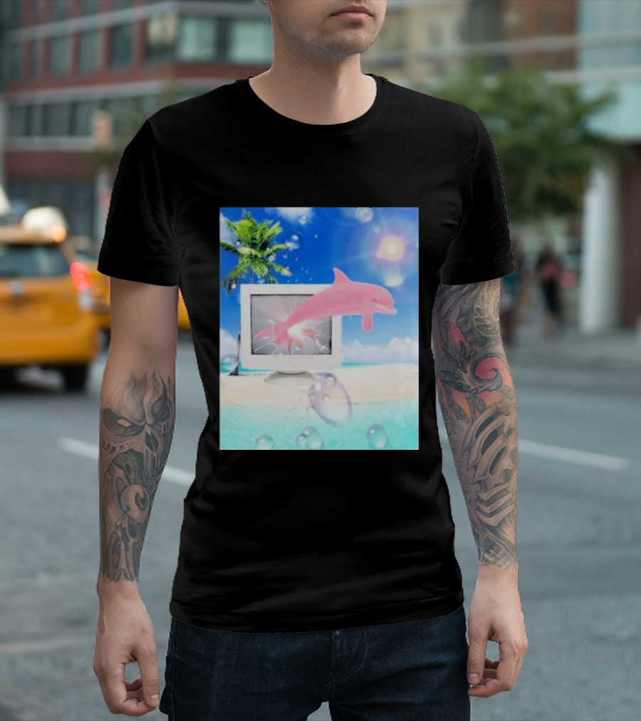Frutiger Aero Y2k Vaporwave Palm Tree Pink Dolphin Cyberpunk Aesthetic T-Shirt