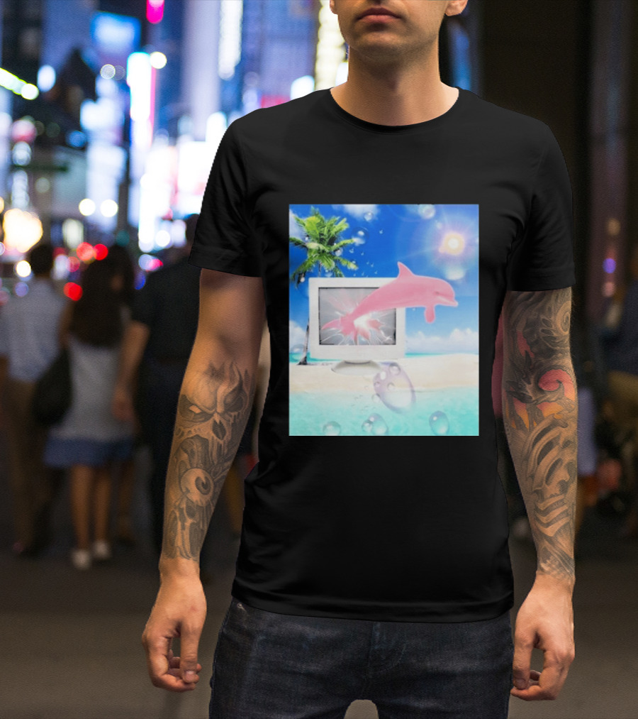 Frutiger Aero Y2k Vaporwave Palm Tree Pink Dolphin Cyberpunk Aesthetic T-Shirt