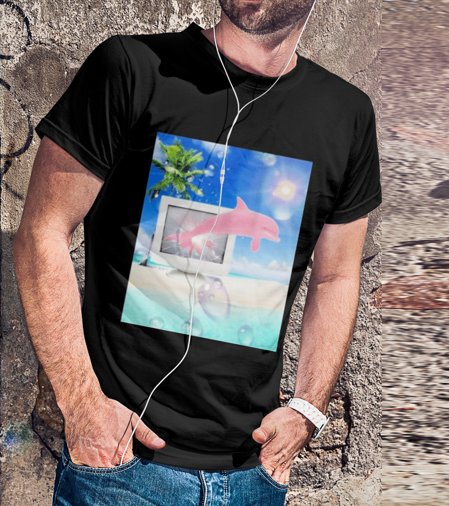 Frutiger Aero Y2k Vaporwave Palm Tree Pink Dolphin Cyberpunk Aesthetic T-Shirt