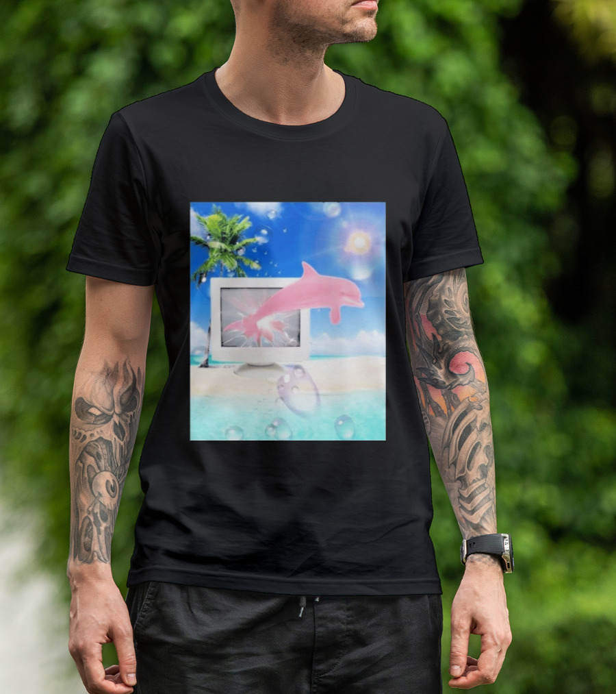 Frutiger Aero Y2k Vaporwave Palm Tree Pink Dolphin Cyberpunk Aesthetic T-Shirt