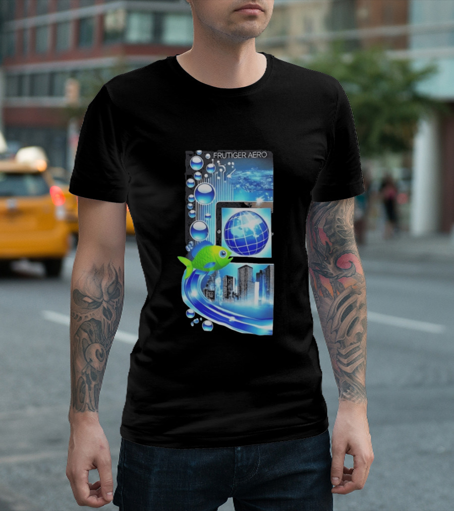 Frutiger Aero Y2K Global Tech Cityscape With Digital Fish And Blue T-Shirt