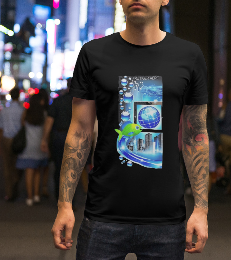 Frutiger Aero Y2K Global Tech Cityscape With Digital Fish And Blue T-Shirt
