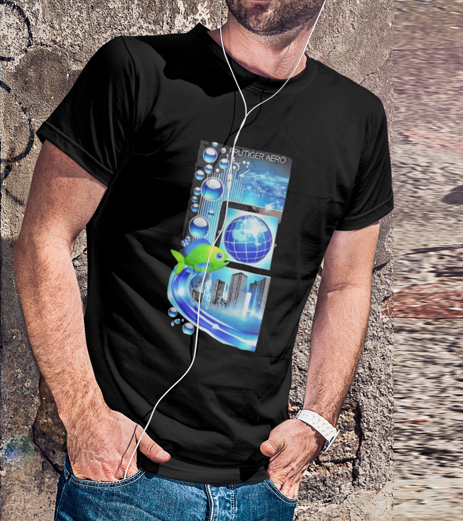 Frutiger Aero Y2K Global Tech Cityscape With Digital Fish And Blue T-Shirt
