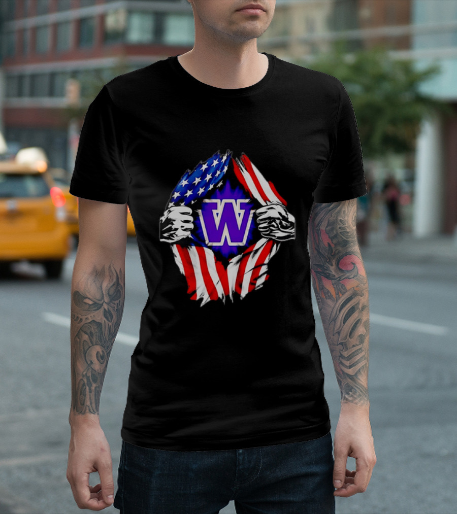 Washington Huskies W Logo American Flag Ripped Chest T-Shirt