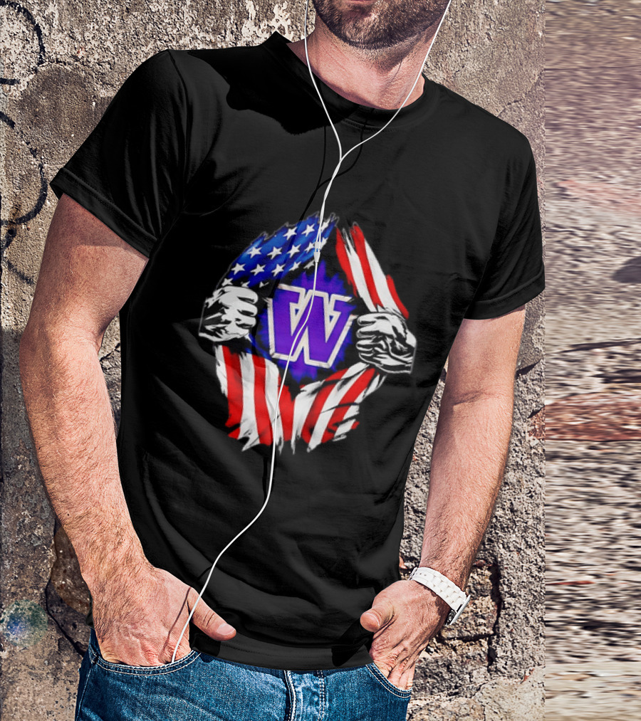 Washington Huskies W Logo American Flag Ripped Chest T-Shirt