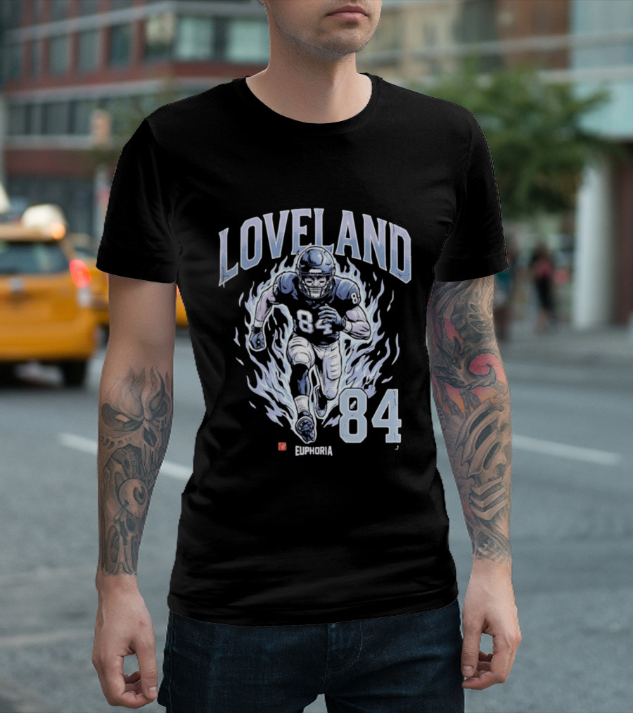Loveland 84 Euphoria Football Player Blue Flames Athletic T-Shirt