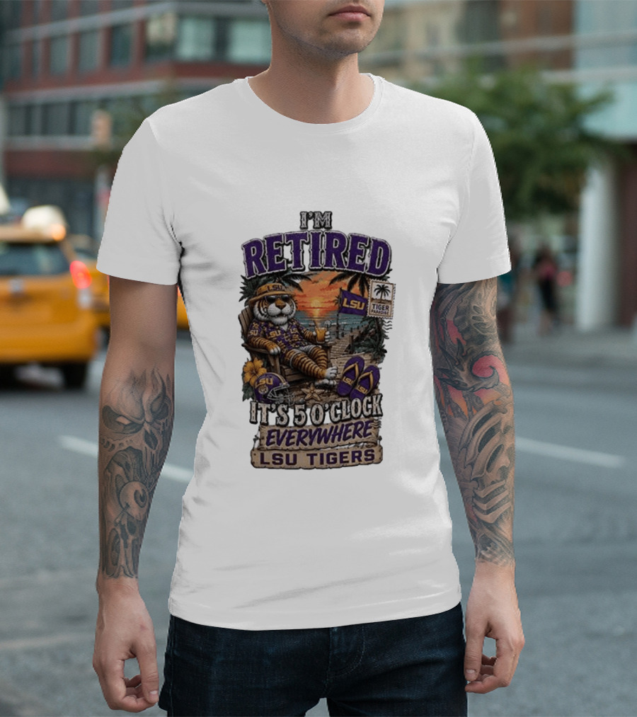 LSU Tigers I'm Retired It's 5 O' Everywhere Beach Relaxation With Palm Trees And Sunset T-Shirt