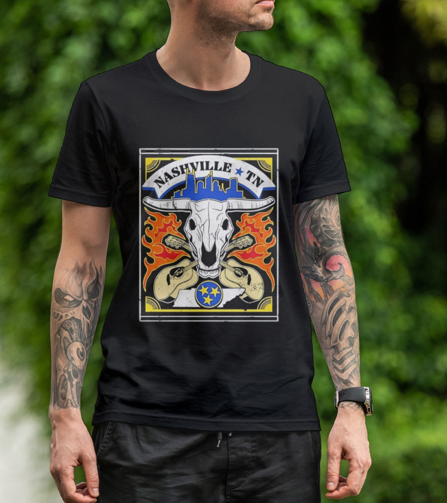 Nashville TN Cow Skull Guitars Flames Skyline Blue Star T-Shirt