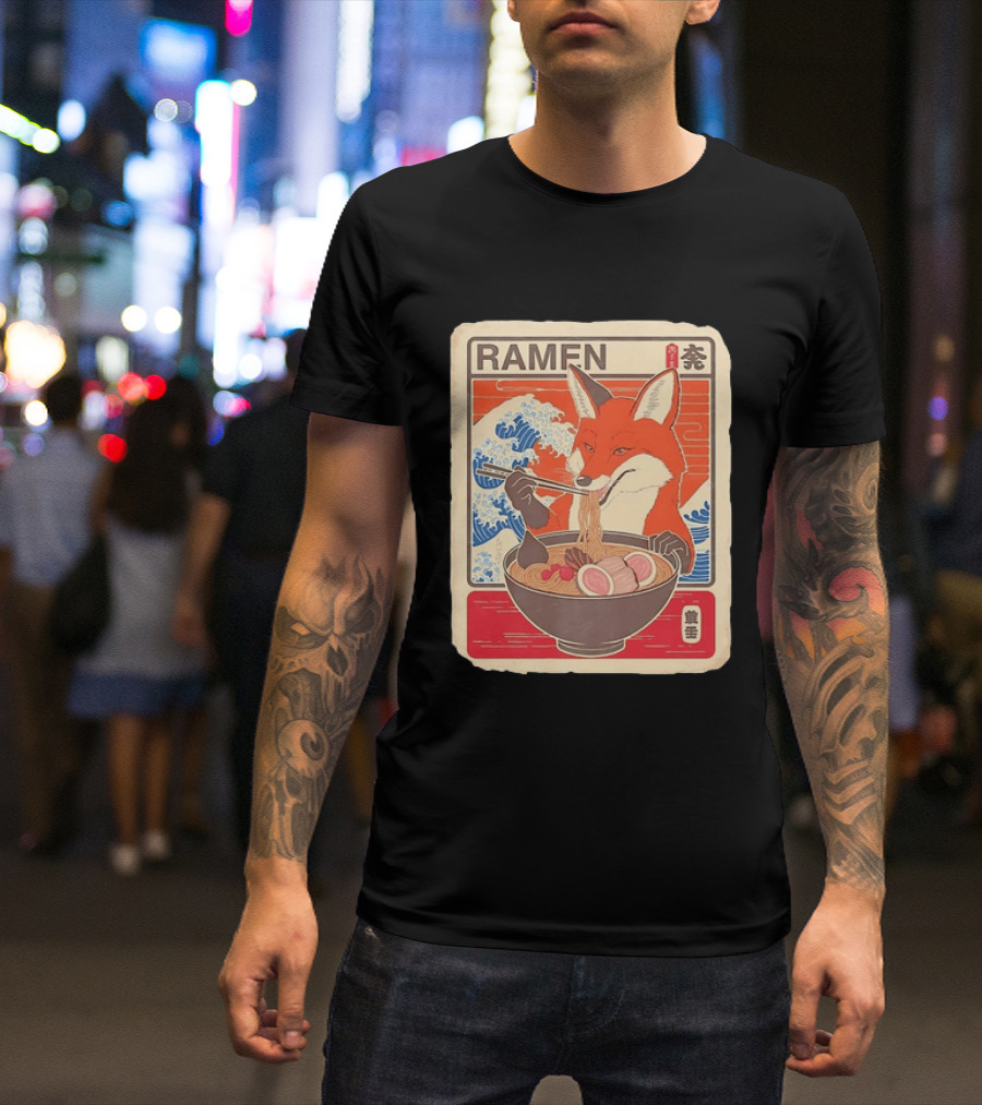 Fox Eating Ramen With Japanese Wave T-Shirt