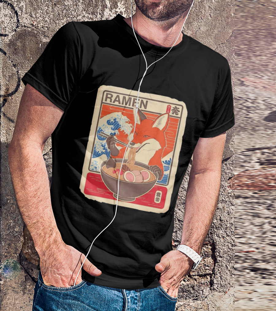 Fox Eating Ramen With Japanese Wave T-Shirt