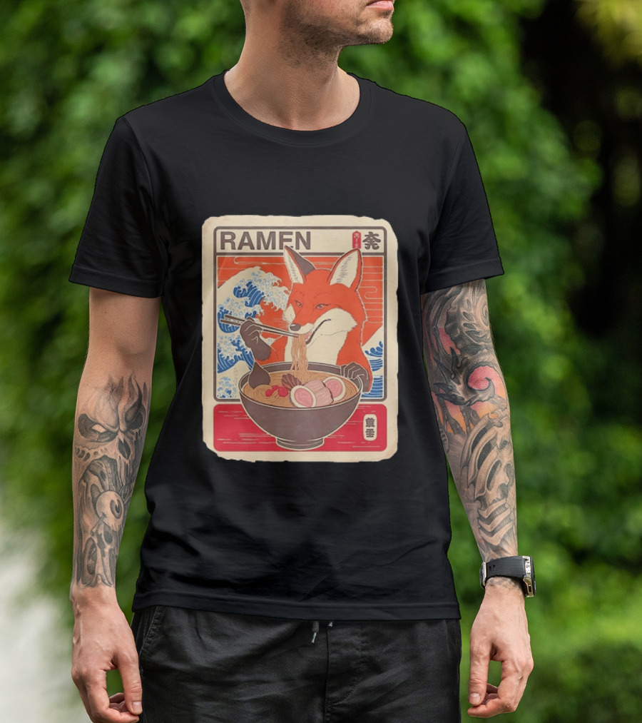 Fox Eating Ramen With Japanese Wave T-Shirt