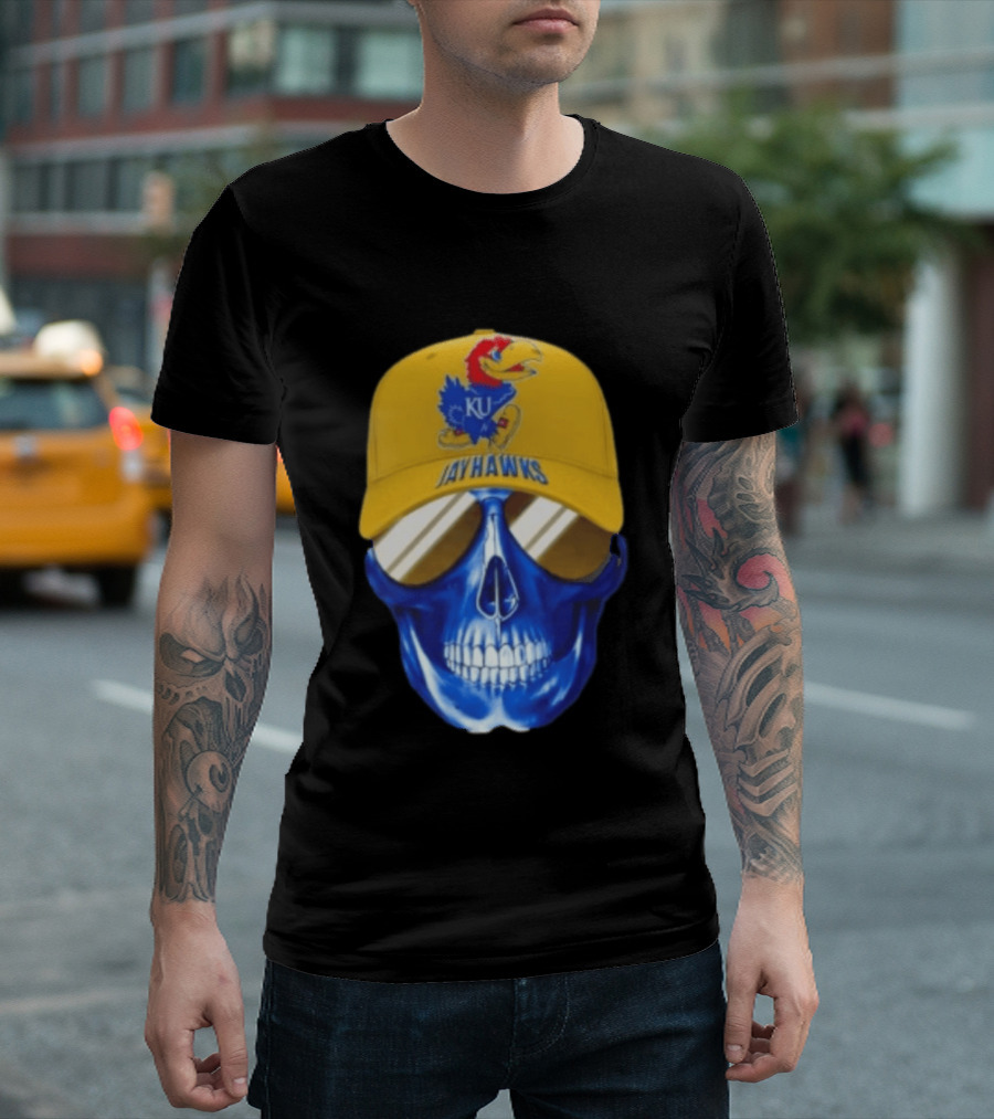 Kansas Jayhawks Skull Cap Fans Wear KU Jayhawks Edition T-Shirt