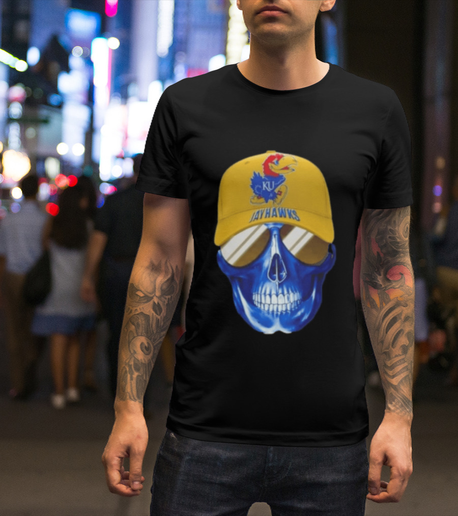 Kansas Jayhawks Skull Cap Fans Wear KU Jayhawks Edition T-Shirt