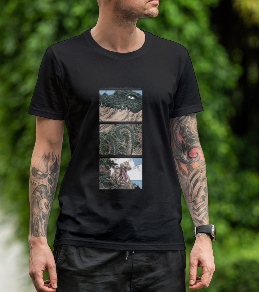 The Longest Johns Store Ends Of The Earth UK Tour Black Crocodile And Dinosaur Comic Strip T-Shirt