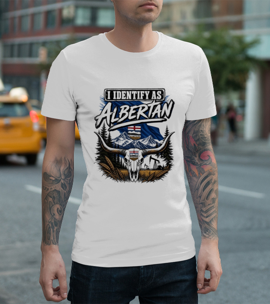 I Identify As Albertan Alberta Flag Longhorn Skull Wheat Forest Scene T-Shirt