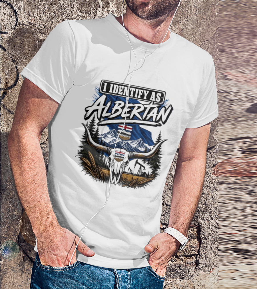 I Identify As Albertan Alberta Flag Longhorn Skull Wheat Forest Scene T-Shirt