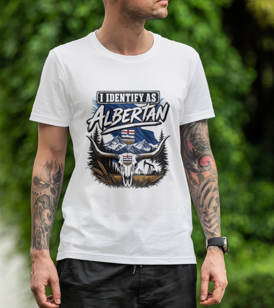 I Identify As Albertan Alberta Flag Longhorn Skull Wheat Forest Scene T-Shirt