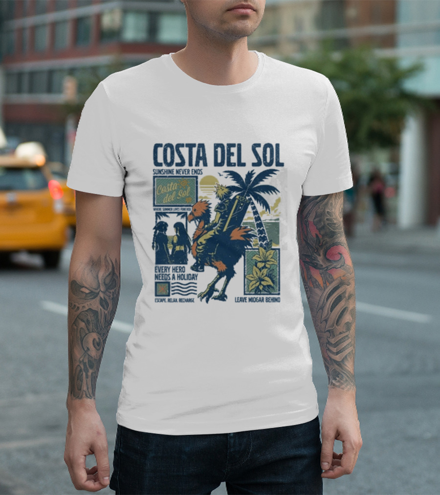Costa Del Sol Final Fantasy Chocobo Beach Scene Palm Trees T-Shirt