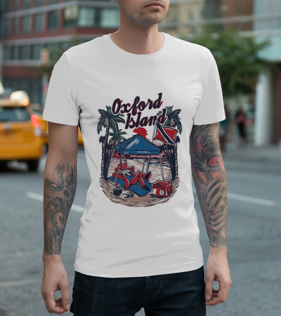 Oxford Island Beach Scene Palm Trees Camping Holiday Relaxation T-Shirt