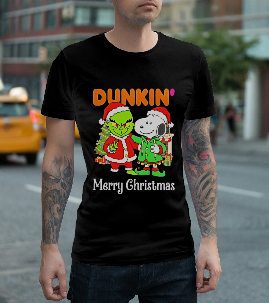 Dunkin Merry Christmas Grinch Snoopy Santas T-Shirt
