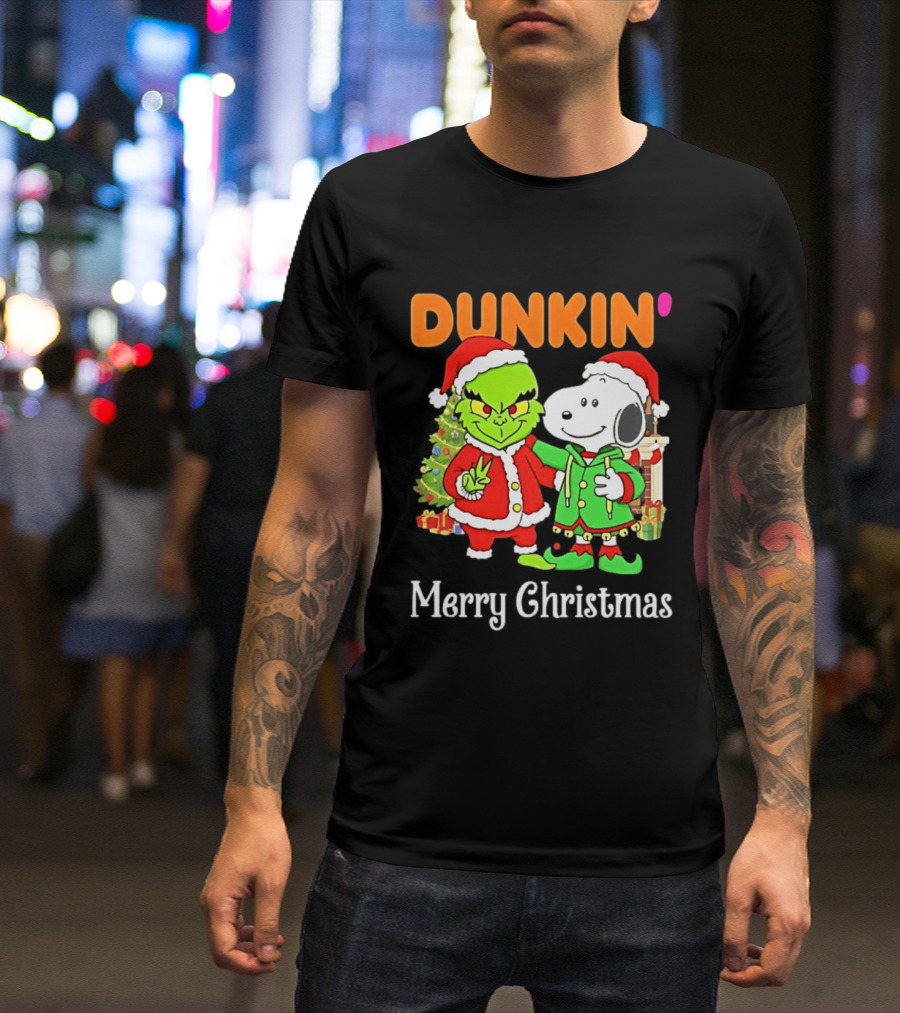 Dunkin Merry Christmas Grinch Snoopy Santas T-Shirt