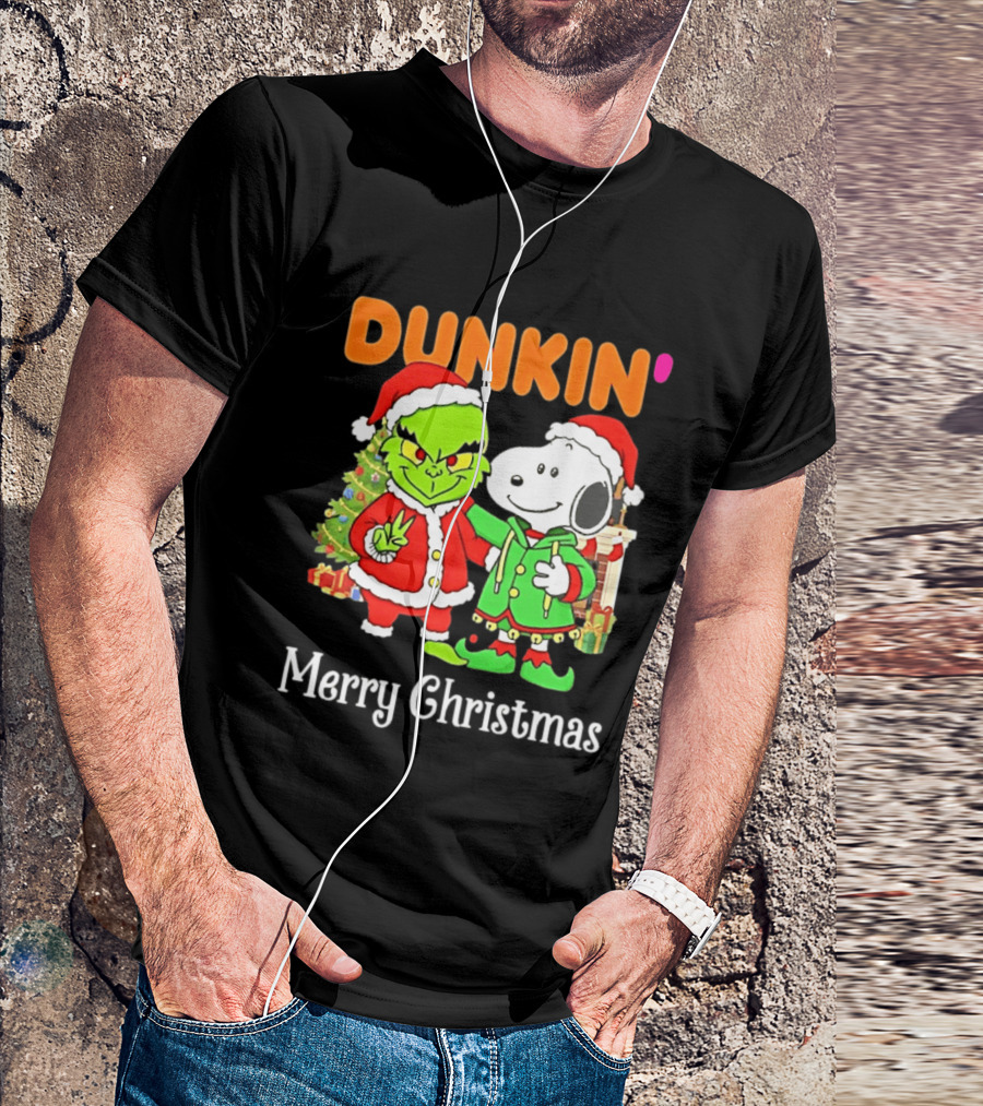 Dunkin Merry Christmas Grinch Snoopy Santas T-Shirt