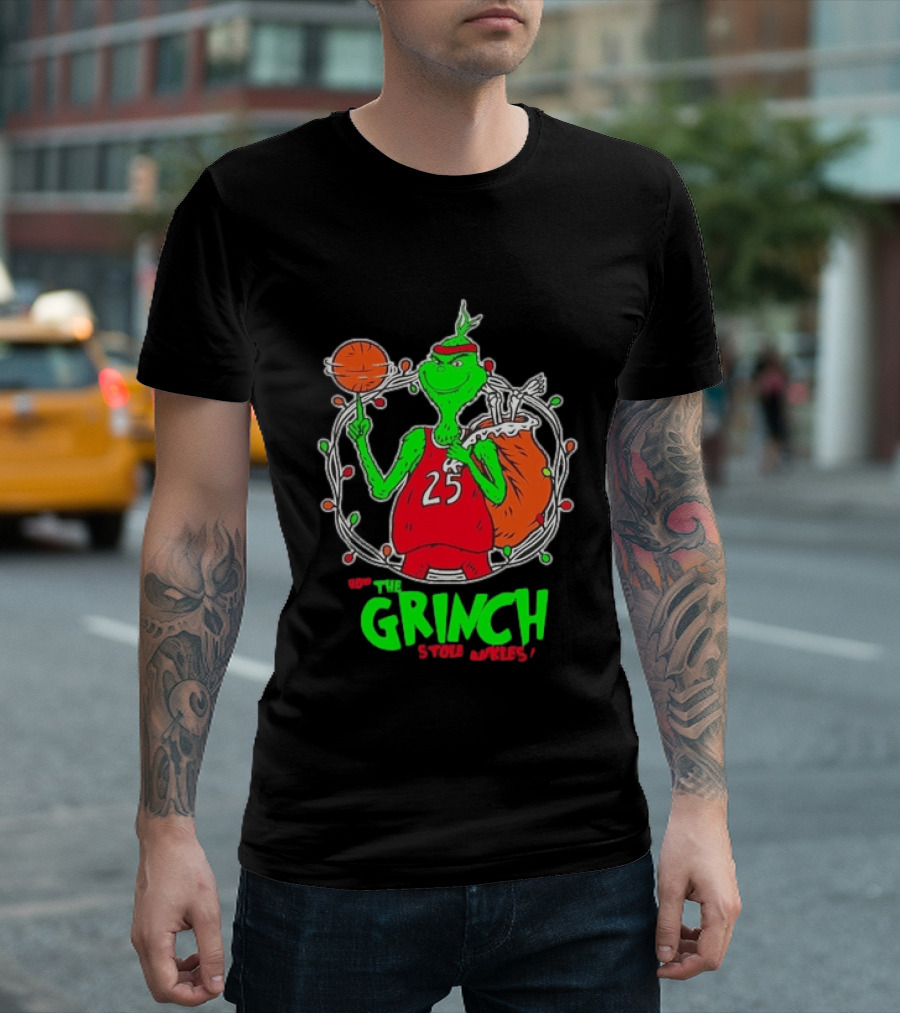 The Grinch Basketball Christmas Lights Jersey 25 Stole Ankles Green T-Shirt