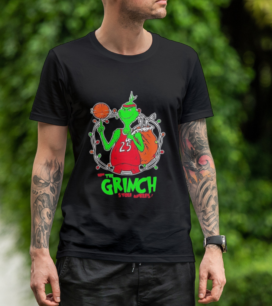 The Grinch Basketball Christmas Lights Jersey 25 Stole Ankles Green T-Shirt