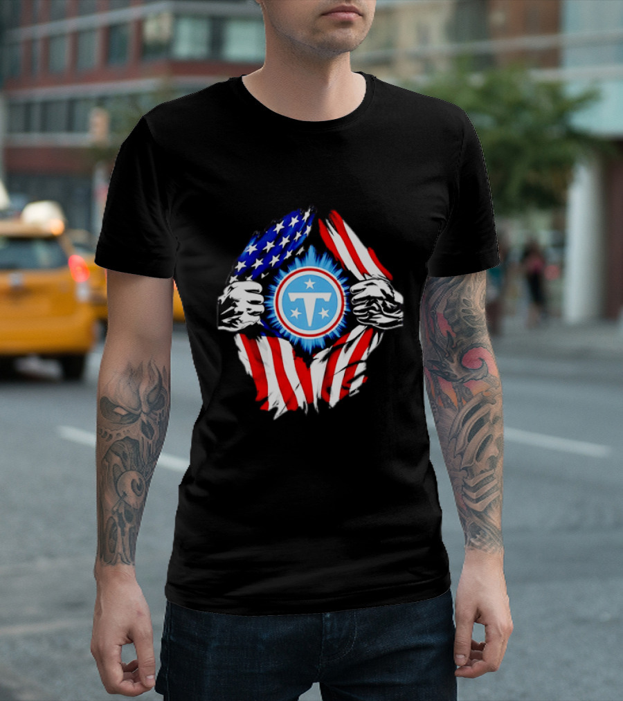 Tennessee Titans American Flag Ripped Chest USA Football Fan T-Shirt