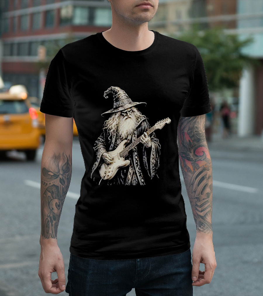 Wizard Playing Electric Guitar Fantasy Musician Magical Rock Legend T-Shirt