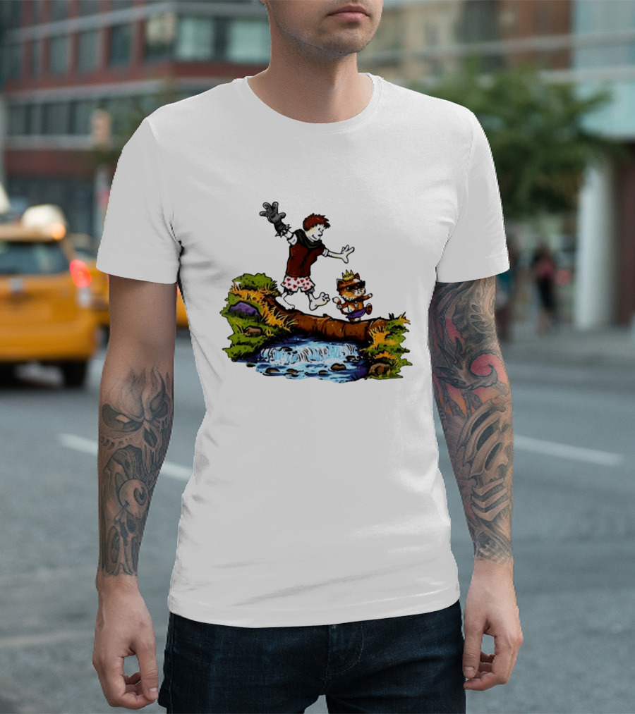 Boy And Crowned Cat Balancing On Log Over Stream T-Shirt
